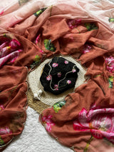 Celebrity Style Floral Print Tabby Organza Saree with Moti & Cut Dana Handwork