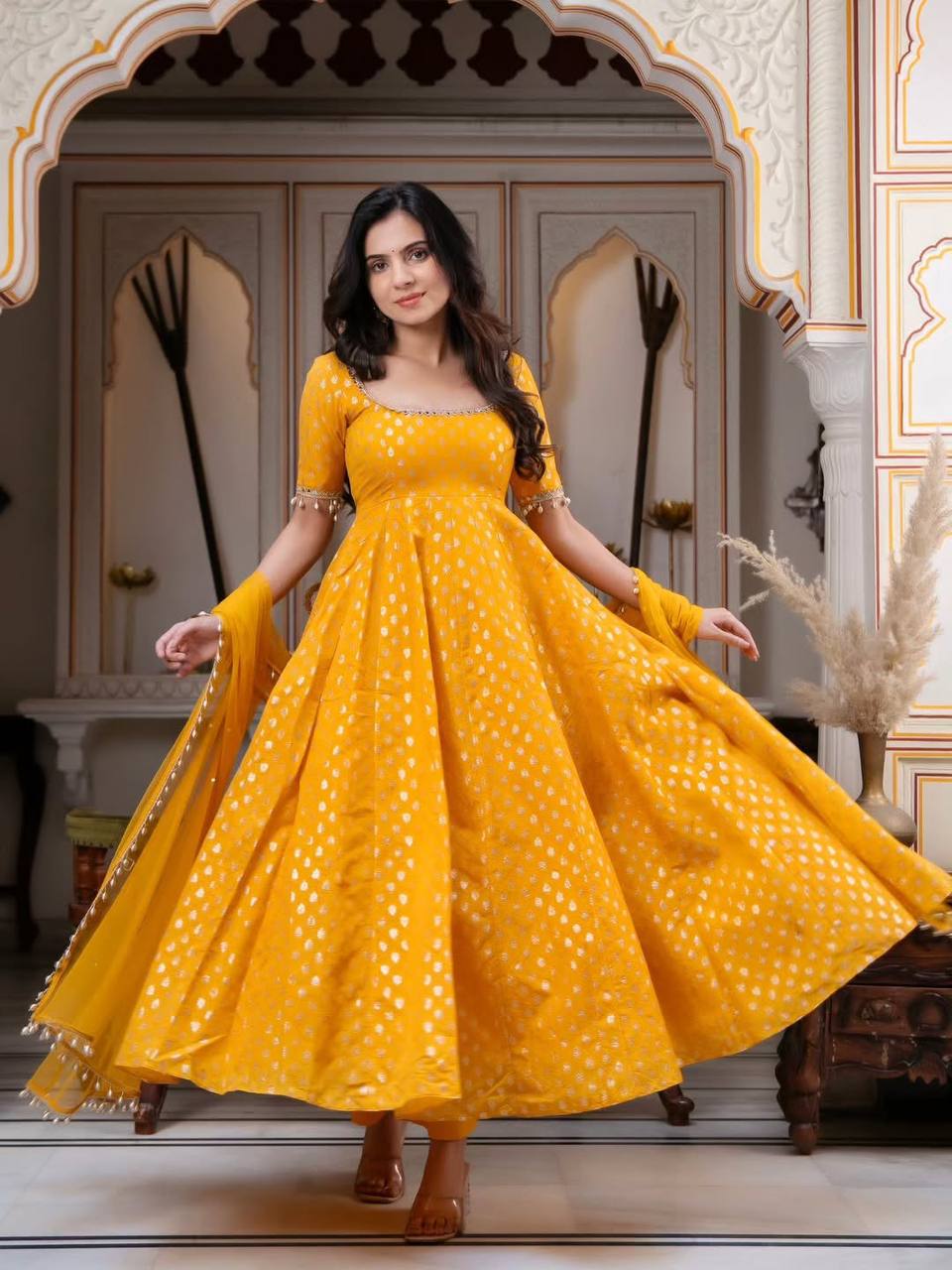 Premium Chanderi Jacquard Butti Anarkali Suit Set with Real Mirror Work, Pant & Net Dupatta