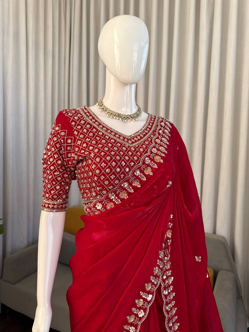 Designer Fendy Silk Festive Saree - Heavy Hand-Finished Beadwork & Sequin Embroidery with Unstitched Blouse
