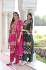 Embroidered Faux Blooming Kurti Set with Pant and Sequined Dupatta