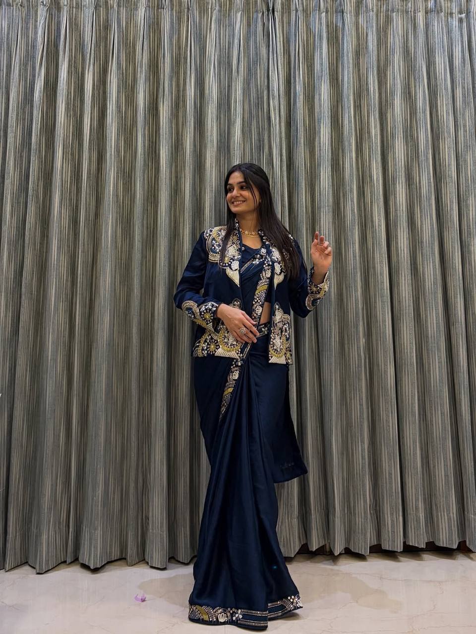 Ready-to-Wear Lehenga Saree Set with Embroidered Koti Jacket and Blouse