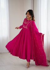 Premium Roman Chanderi Silk Anarkali Gown Set with Handcrafted Beads & Embroidery Work
