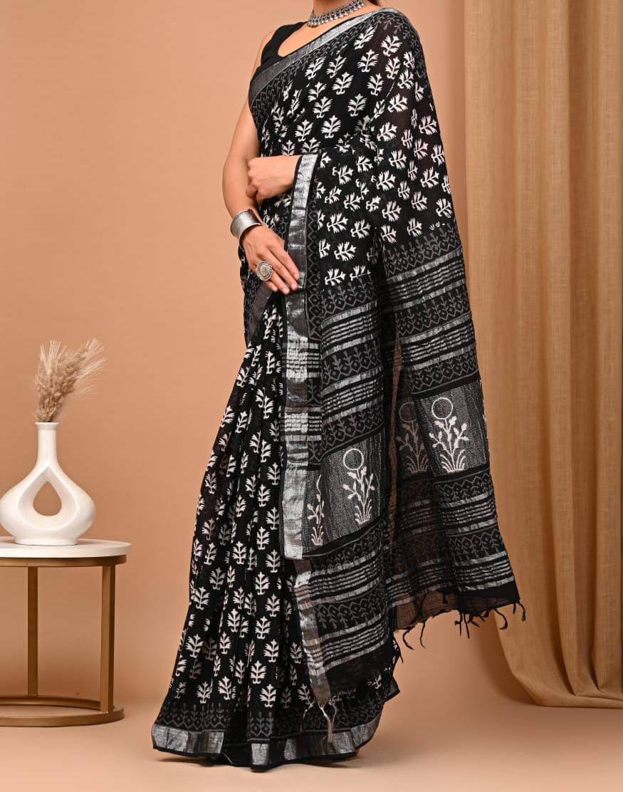 Premium Linen Saree with Digital Printed Pallu and Silver Zari Weaving Border
