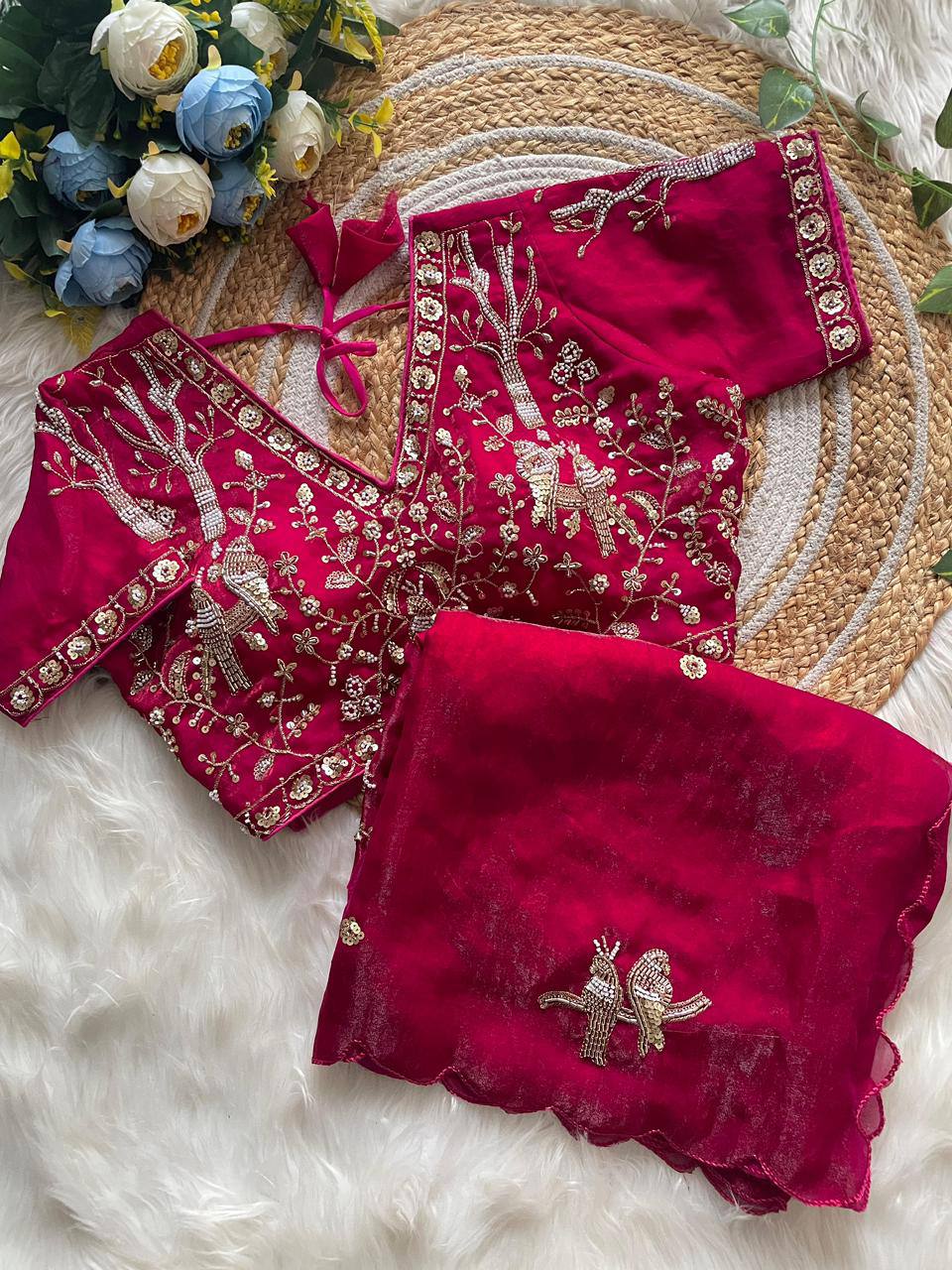 Handcrafted Khatli Work Satin Saree with Designer Stitched Blouse and Scalloped Border