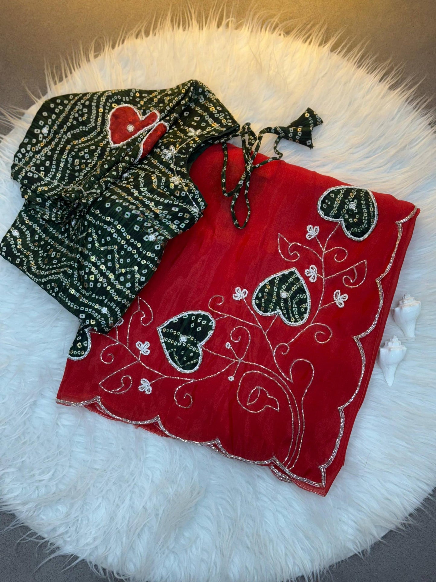 Two-Tone Gold Crush Silk Saree with Bandhej Handwork Cutdana Butta and Foil Print Stitched Blouse