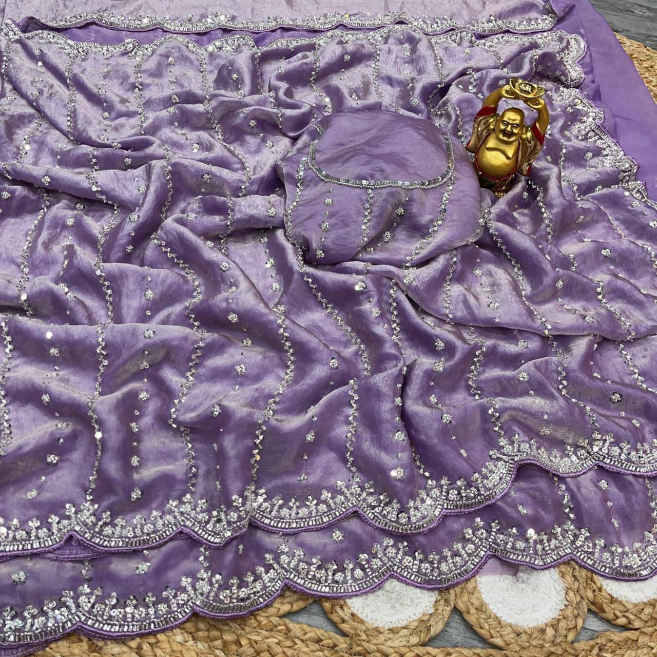 Pure Space Silk Party Wear Saree with Gold Beads, Sequins & Cutdana Handwork and Designer Work Blouse