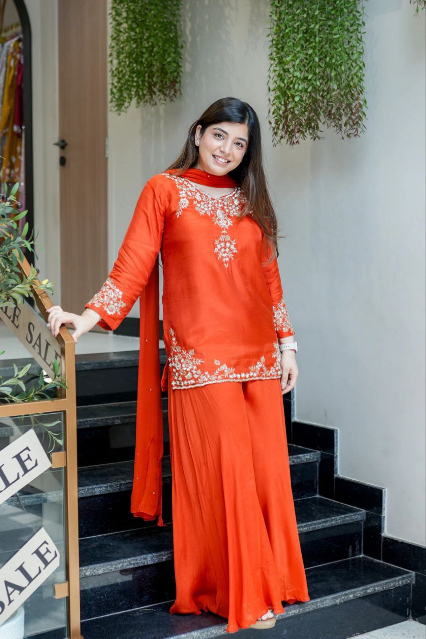 Handwork Mul Chanderi Kurta Sharara Set with Chiffon Dupatta