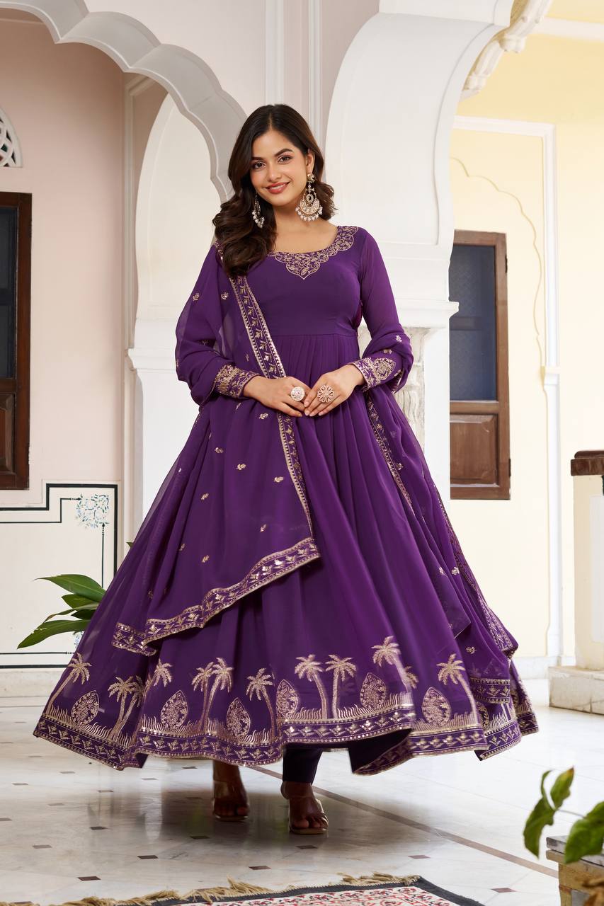 Faux Georgette Embroidered Gown Set with Sequence Work & Matching Pant