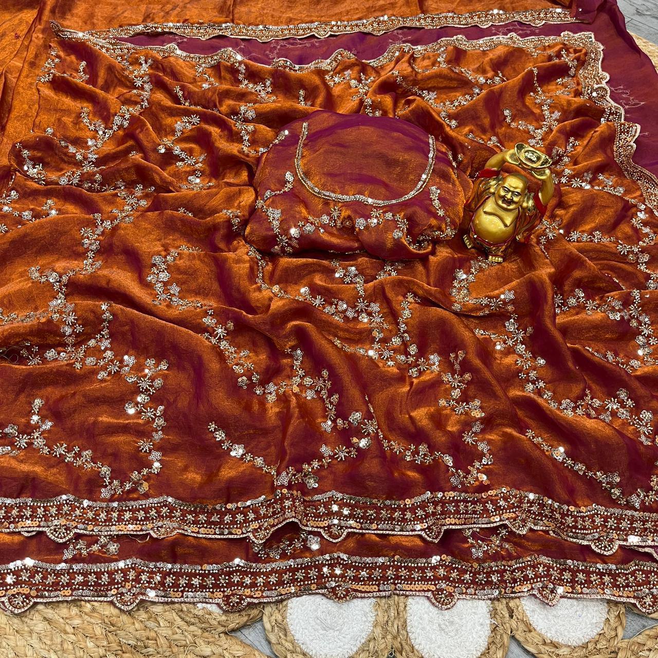 Designer Space Silk Party Wear Saree with Velvet Shine & Gold Cutdana Handwork