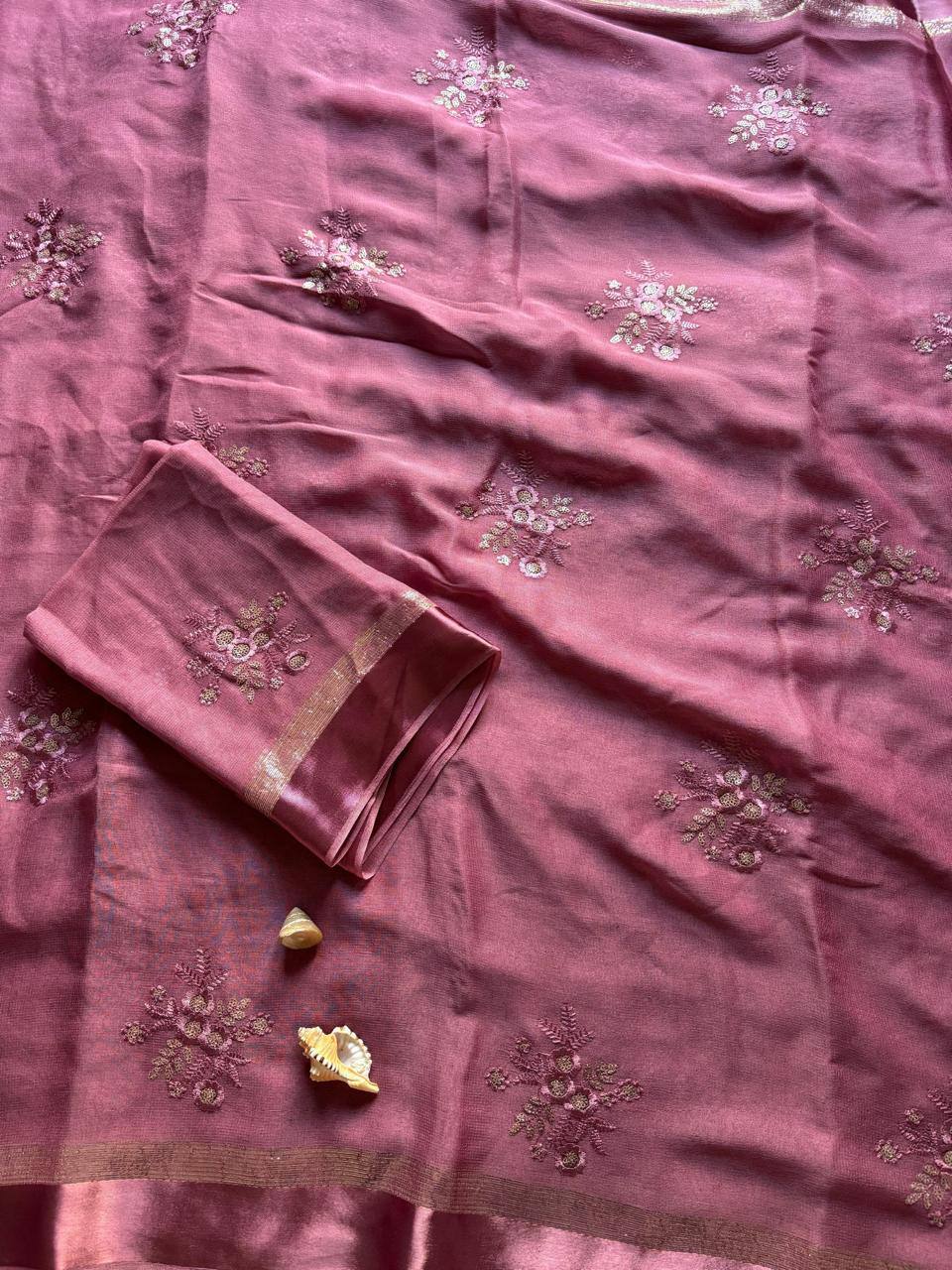 Pure Viscose Georgette Saree with Floral Embroidery Butta & Satin Border