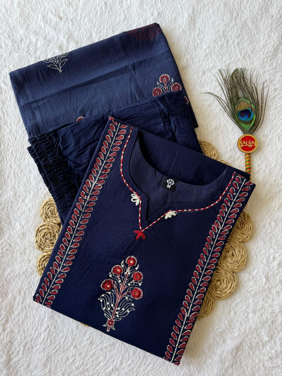 Pure Cotton A-Line Kurti Pant Set with Real Mirror Hand Work & Mul Cotton Dupatta