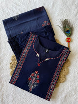 Pure Cotton A-Line Kurti Pant Set with Real Mirror Hand Work & Mul Cotton Dupatta