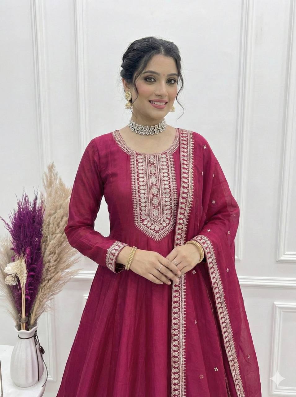 Pure Vichitra Silk Full Flare Anarkali Gown with Sequins Embroidery work, Churidar Sleeves and Dupatta
