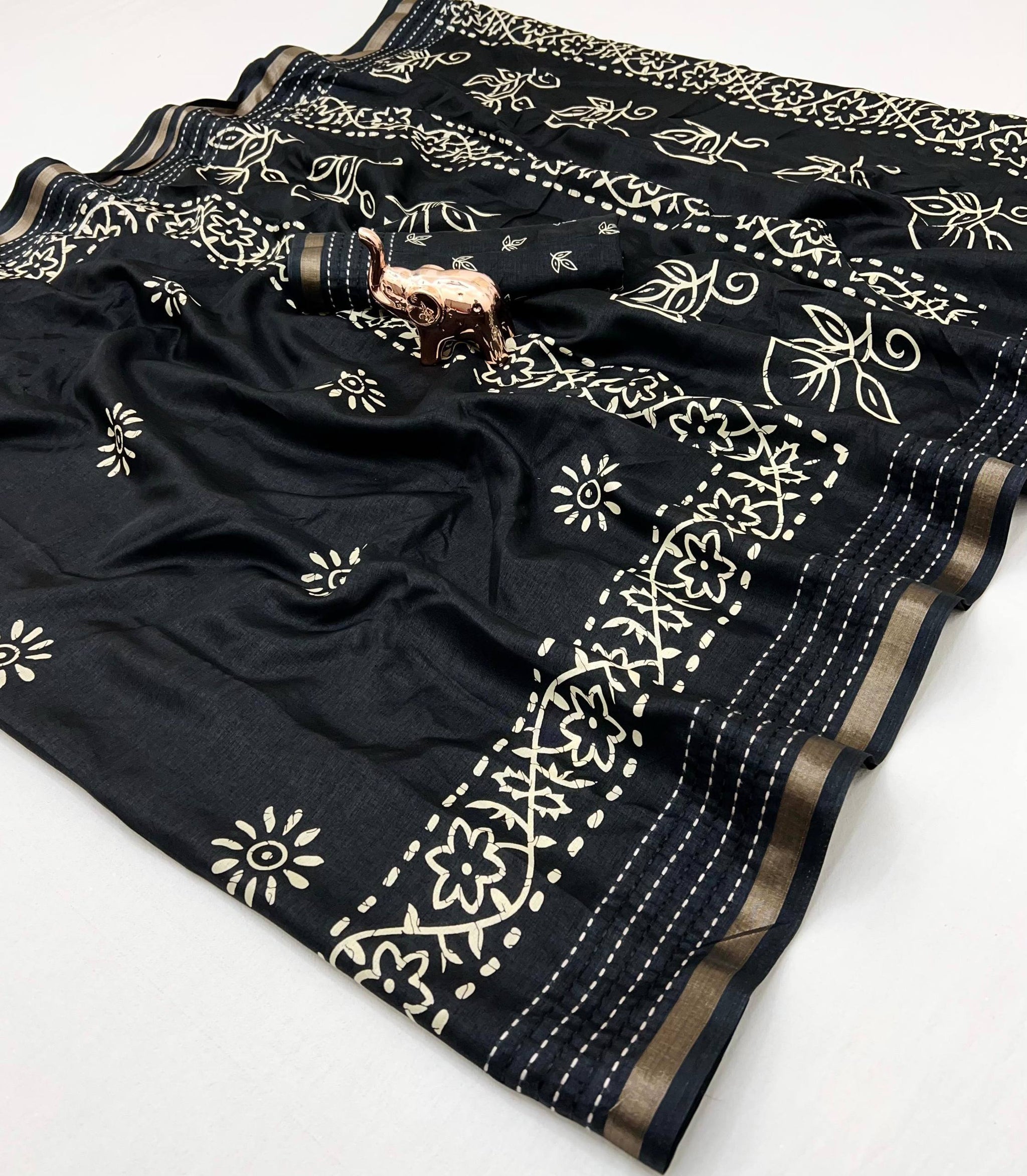 Premium Binny Crepe Printed Saree | Katha Work & Zari Border Ethnic Wear