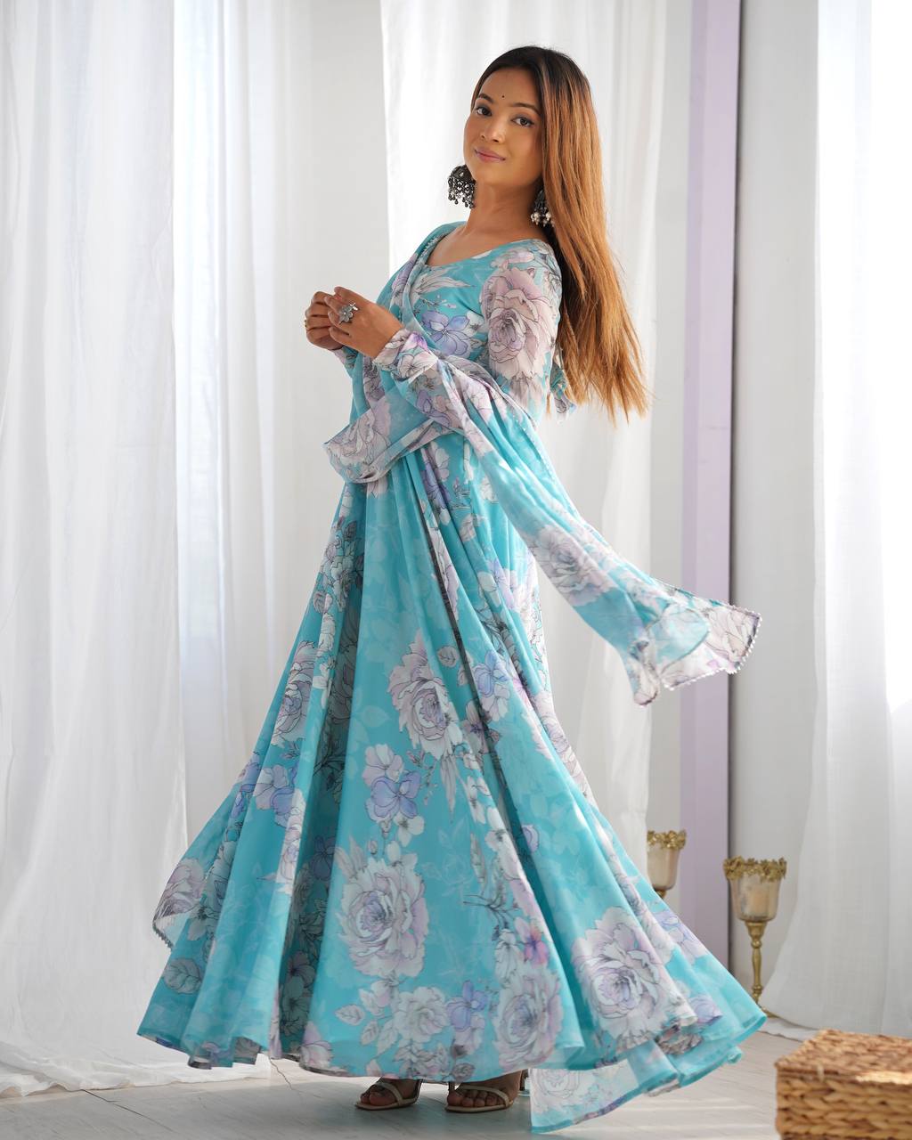 Heavy Fox Georgette Floral Anarkali Gown with Shawl Style Lace Dupatta