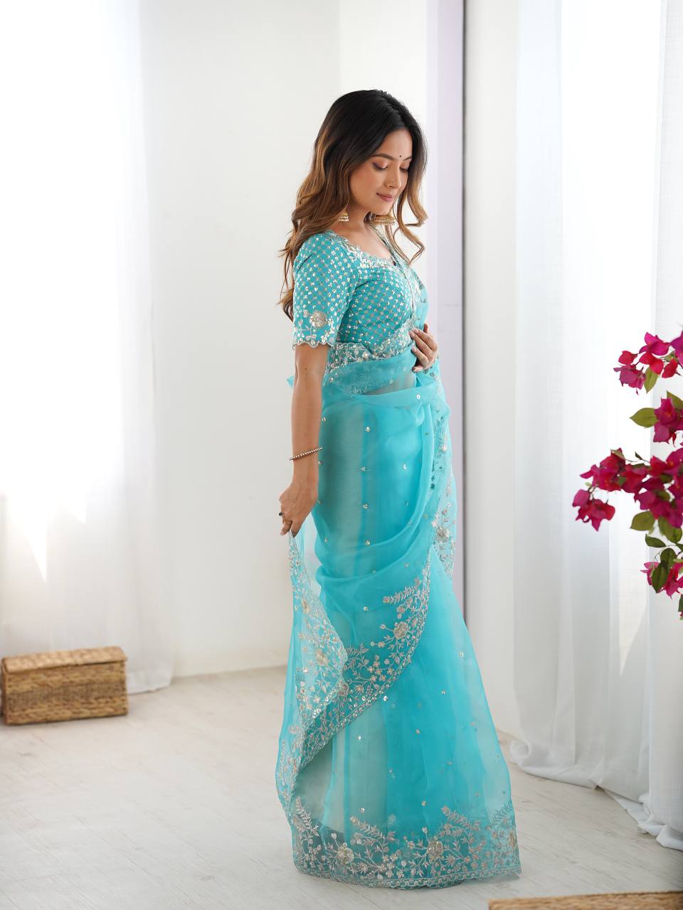 Designer Embroidered Organza Saree - Luxury Wedding Wear with Sequin Work