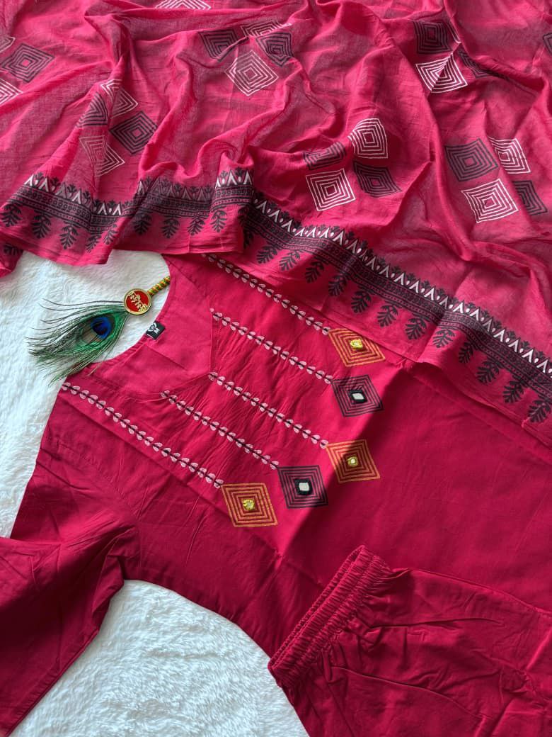 Hand Block Print Pure Cotton Kurti Set with Real Mirror Work & Mul Cotton Dupatta