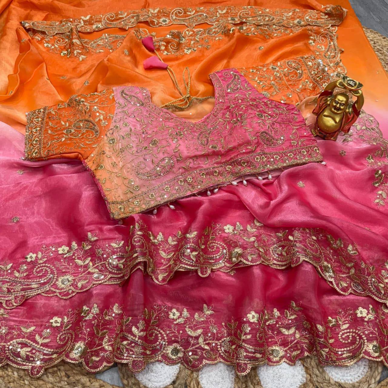 Premium Dual Shade Space Silk Saree with Original Zari Work & Stitched Designer Blouse
