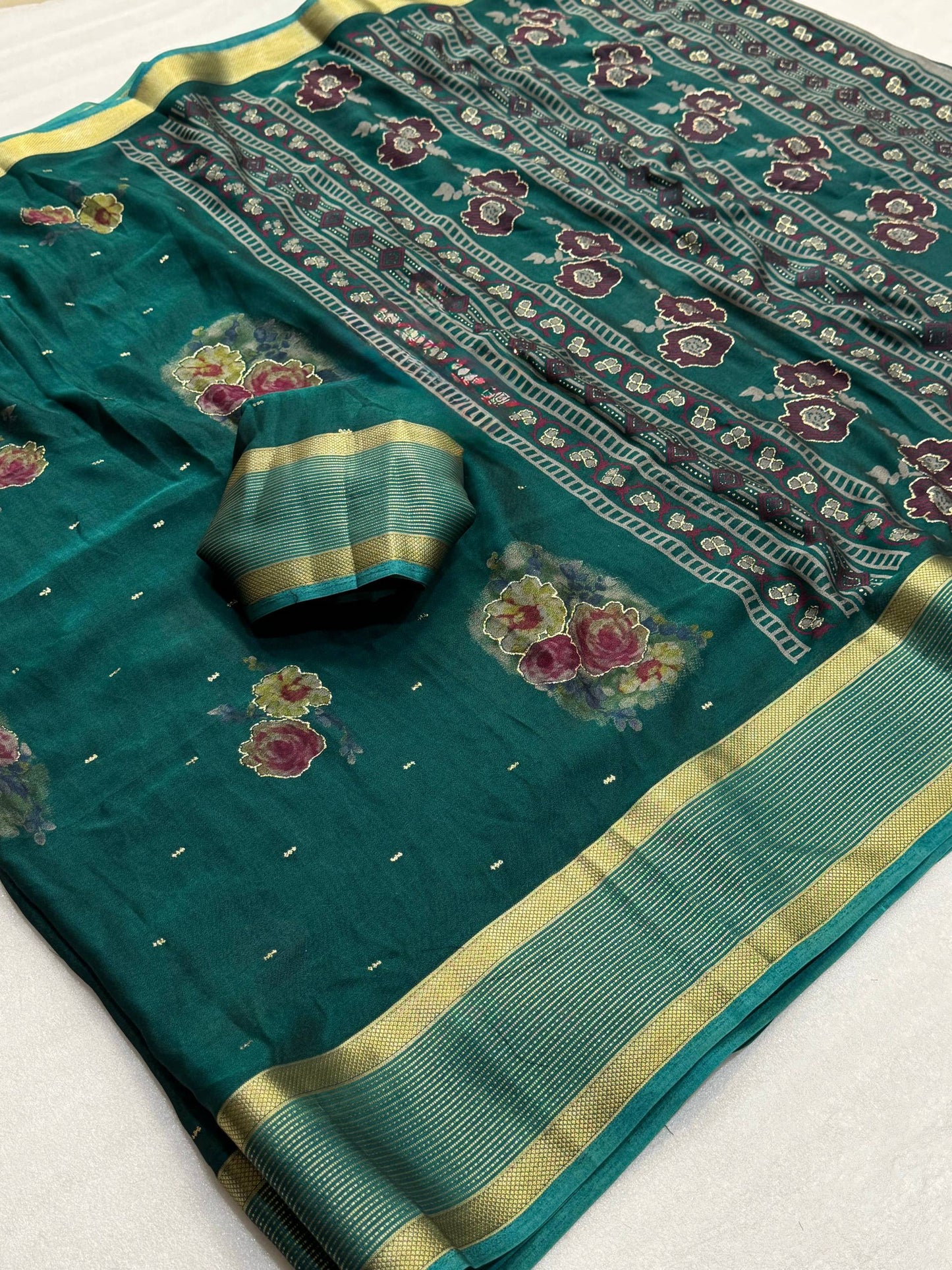 Pure Rangoli Silk Saree with Floral Prints, Glitter Butti & Golden Weaving Border with Blouse