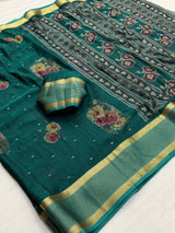 Pure Rangoli Silk Saree with Floral Prints, Glitter Butti & Golden Weaving Border with Blouse