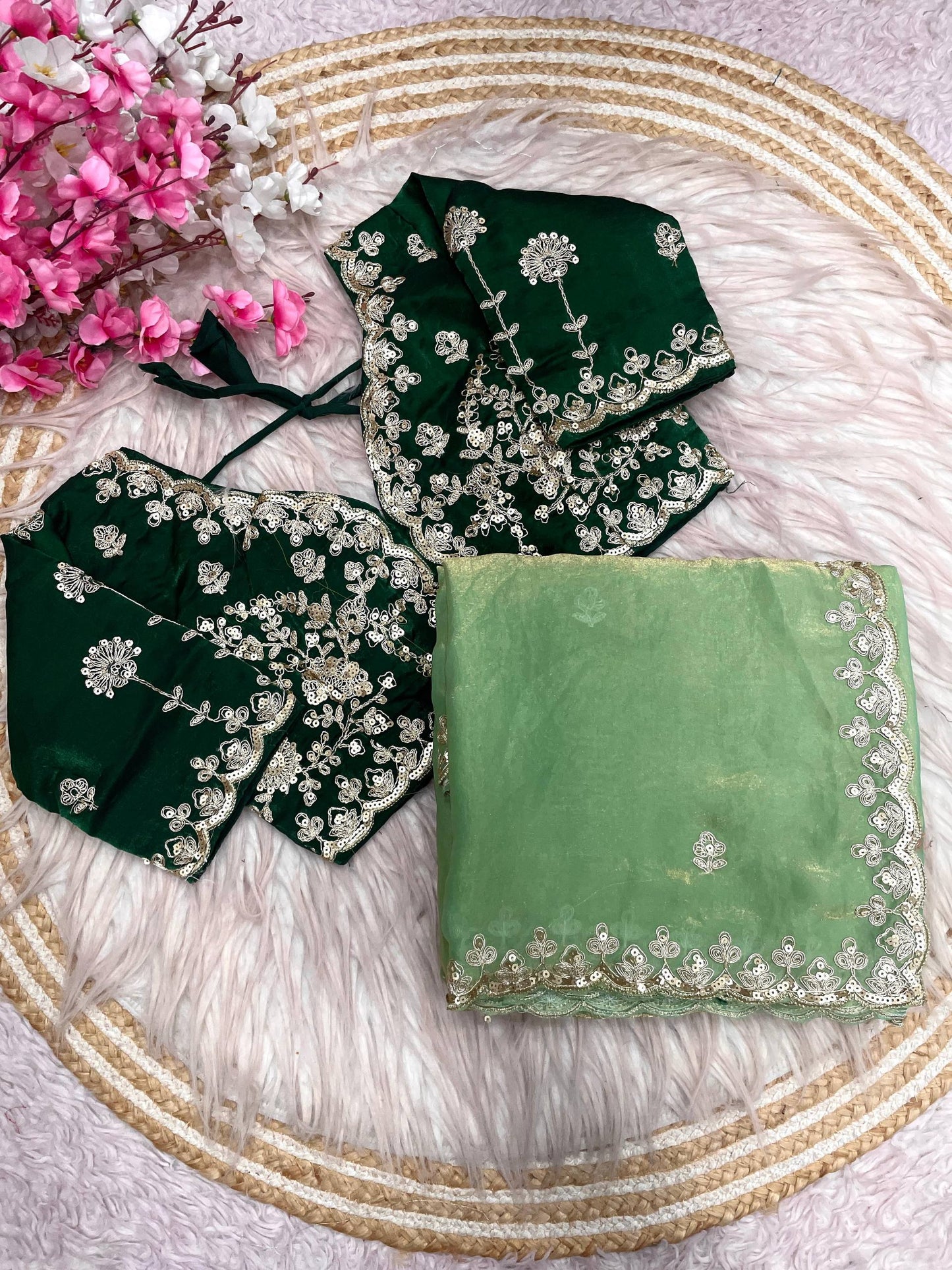 Premium Fendy Satin Silk Designer Saree with 5mm Sequins & Coding Embroidery Work | Fully Stitched Blouse