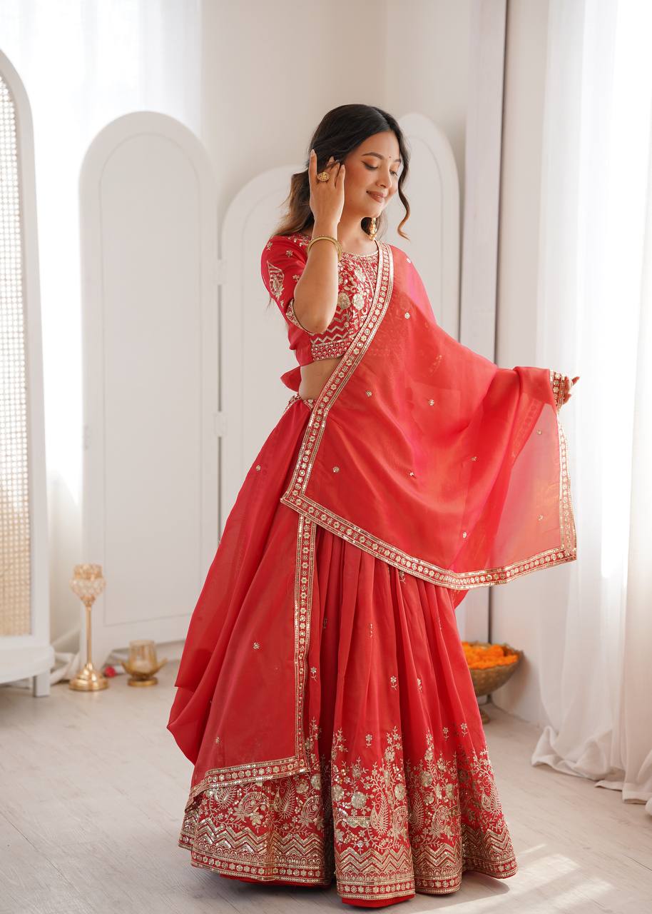Heavy Simmer Silk Lehenga Choli Set with Thread & Sequin Work | 3 Meter Grand Flair | Fully Stitched Bridal Wear