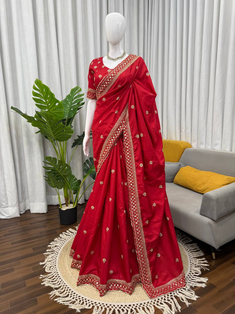 Traditional designer saree in Jalpari silk with ornate embroidery and embellished border