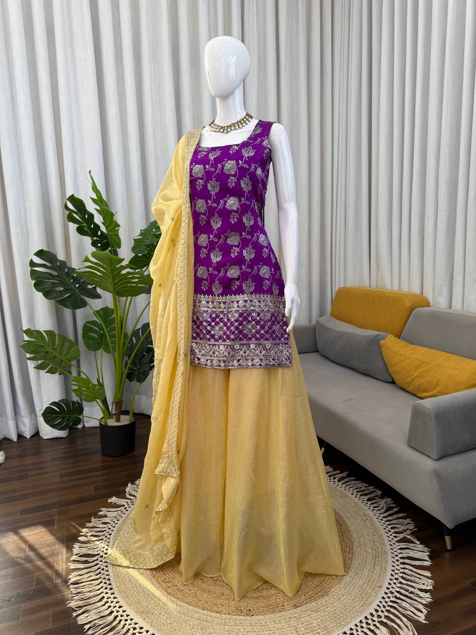 Jacquard Thread & Sequence Work Kurti Plazo Set with Crunchy Silk Dupatta – Festive Ethnic Wear for Women