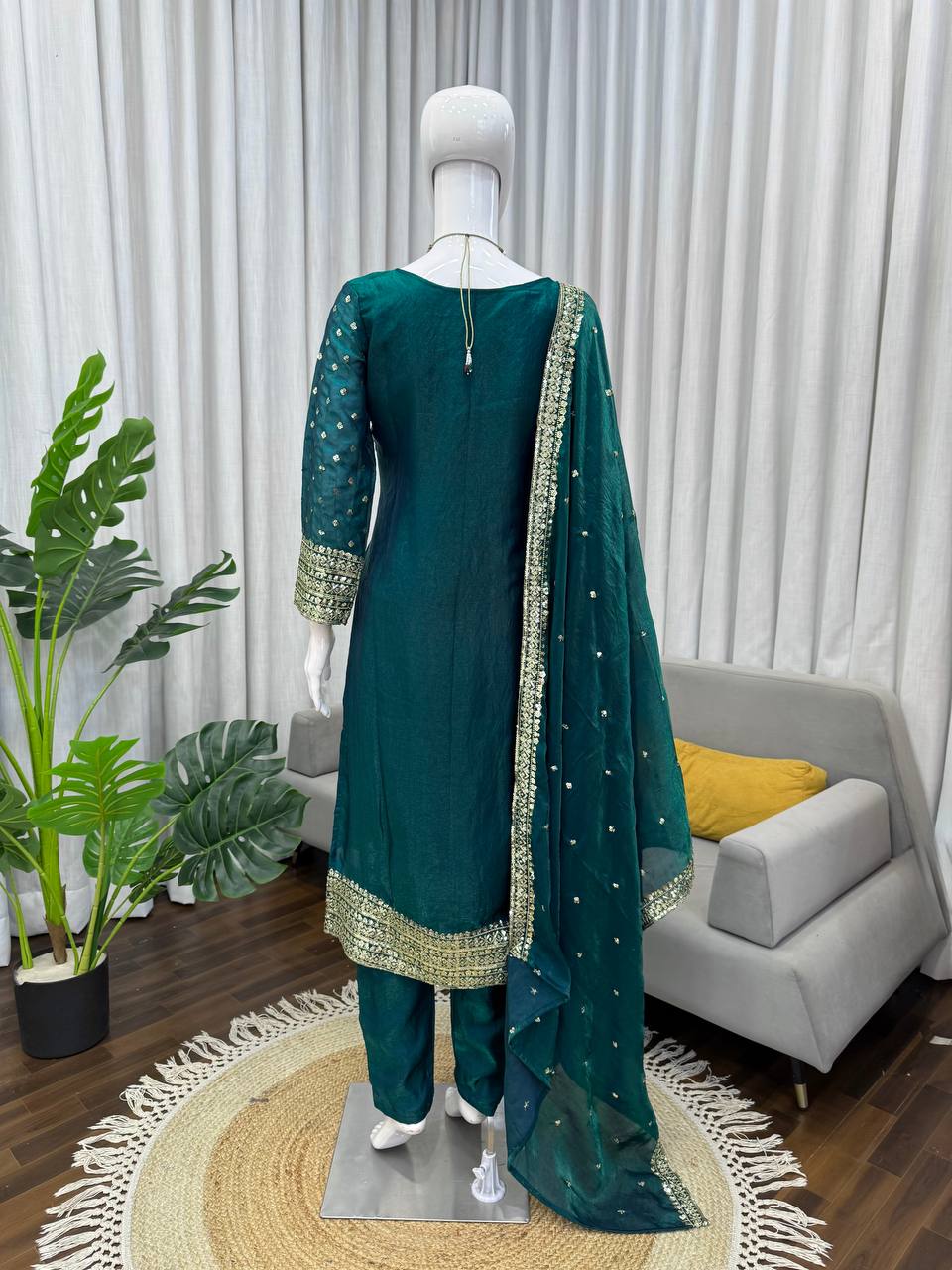 Heavy Fendy Silk Salwar Suit Set with Dupatta – Thread & Sequence Embroidery Kurta Pant Set