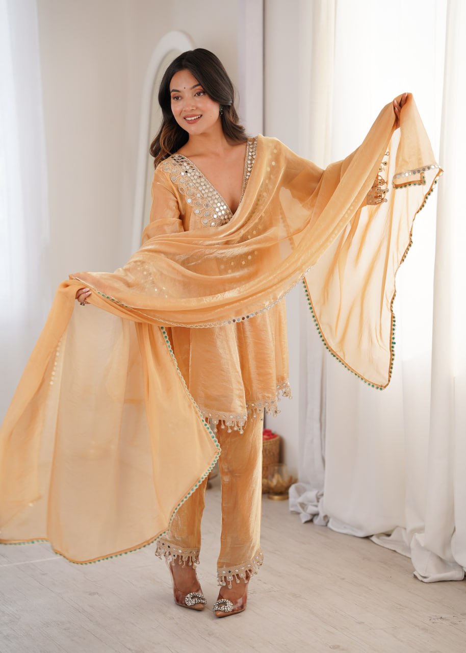Designer Fendy Kurti Pant Dupatta Set with Real Mirror Work & Coding Embroidery | Festive Ethnic Wear Suit