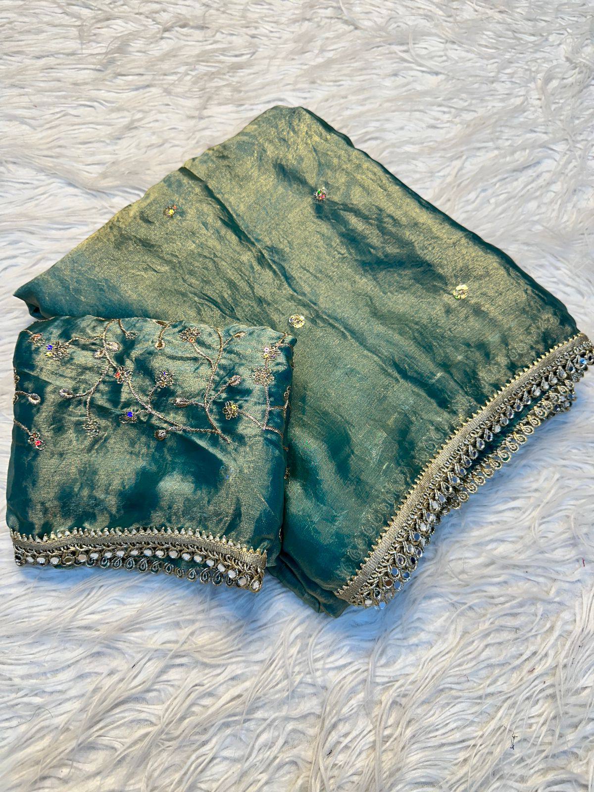 Fendy Satin Dual Shade Sequence Work Saree with Designer Lace Border & Running Blouse
