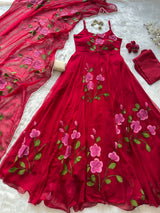 Handpainted Georgette Anarkali Suit Set with Buttersilk Pant & Kodi Lace Dupatta