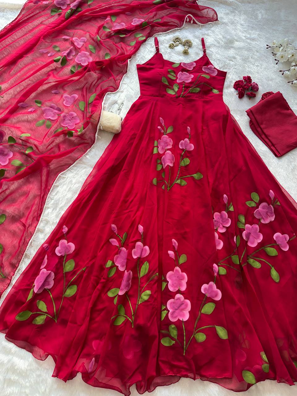 Handpainted Georgette Anarkali Suit Set with Buttersilk Pant & Kodi Lace Dupatta