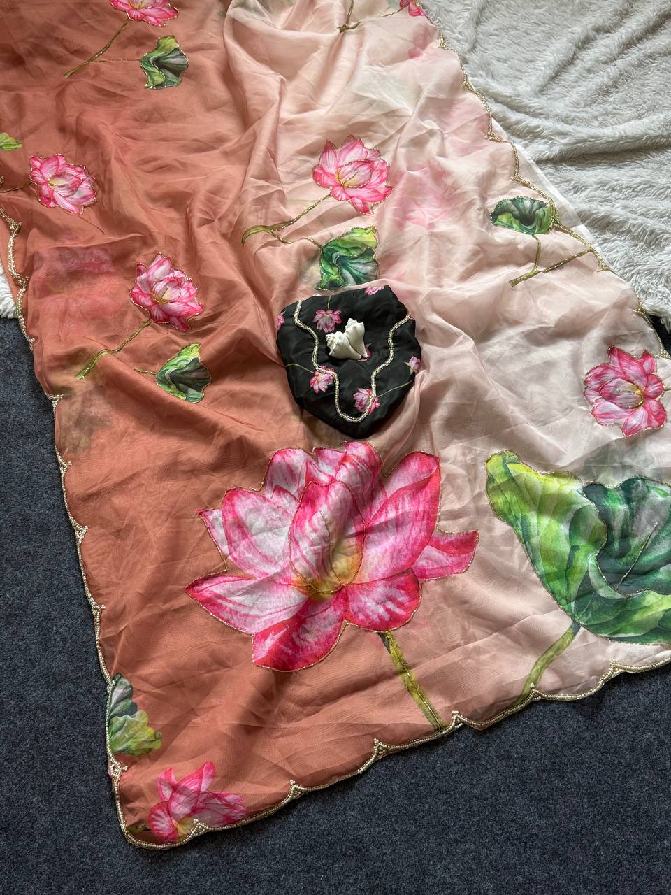 Celebrity Style Floral Print Tabby Organza Saree with Moti & Cut Dana Handwork