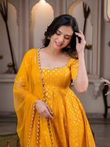 Premium Chanderi Jacquard Butti Anarkali Suit Set with Real Mirror Work, Pant & Net Dupatta