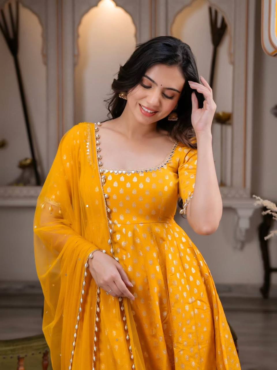 Premium Chanderi Jacquard Butti Anarkali Suit Set with Real Mirror Work, Pant & Net Dupatta
