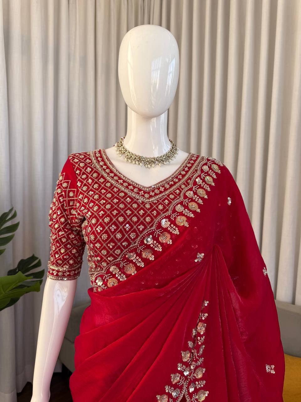 Designer Fendy Silk Festive Saree - Heavy Hand-Finished Beadwork & Sequin Embroidery with Unstitched Blouse