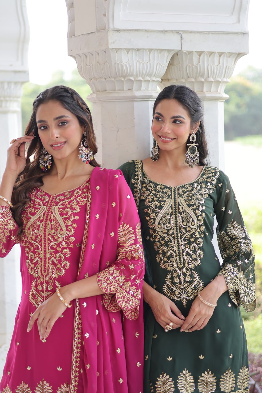 Embroidered Faux Blooming Kurti Set with Pant and Sequined Dupatta