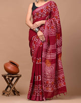 Premium Linen Saree with Digital Printed Pallu and Silver Zari Weaving Border