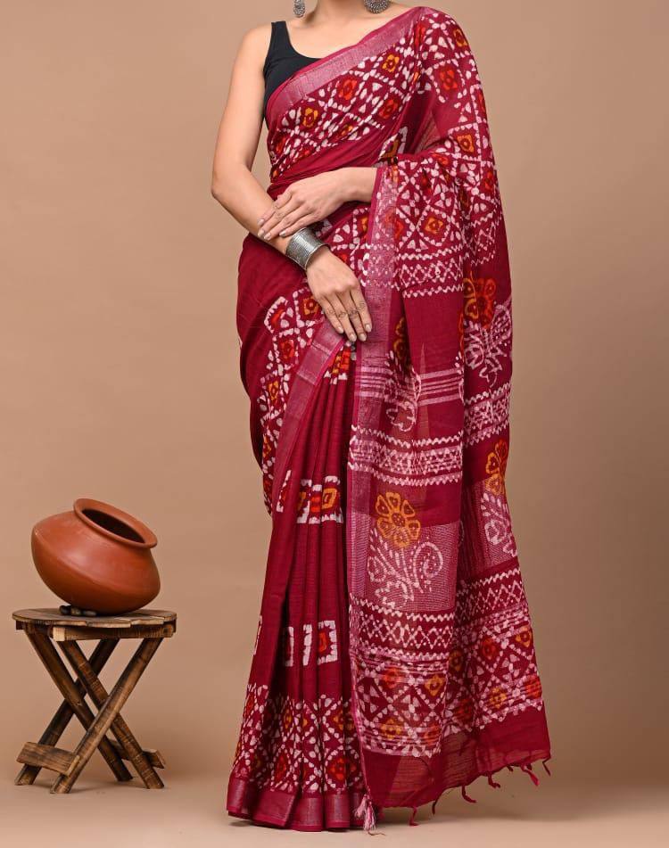 Premium Linen Saree with Digital Printed Pallu and Silver Zari Weaving Border