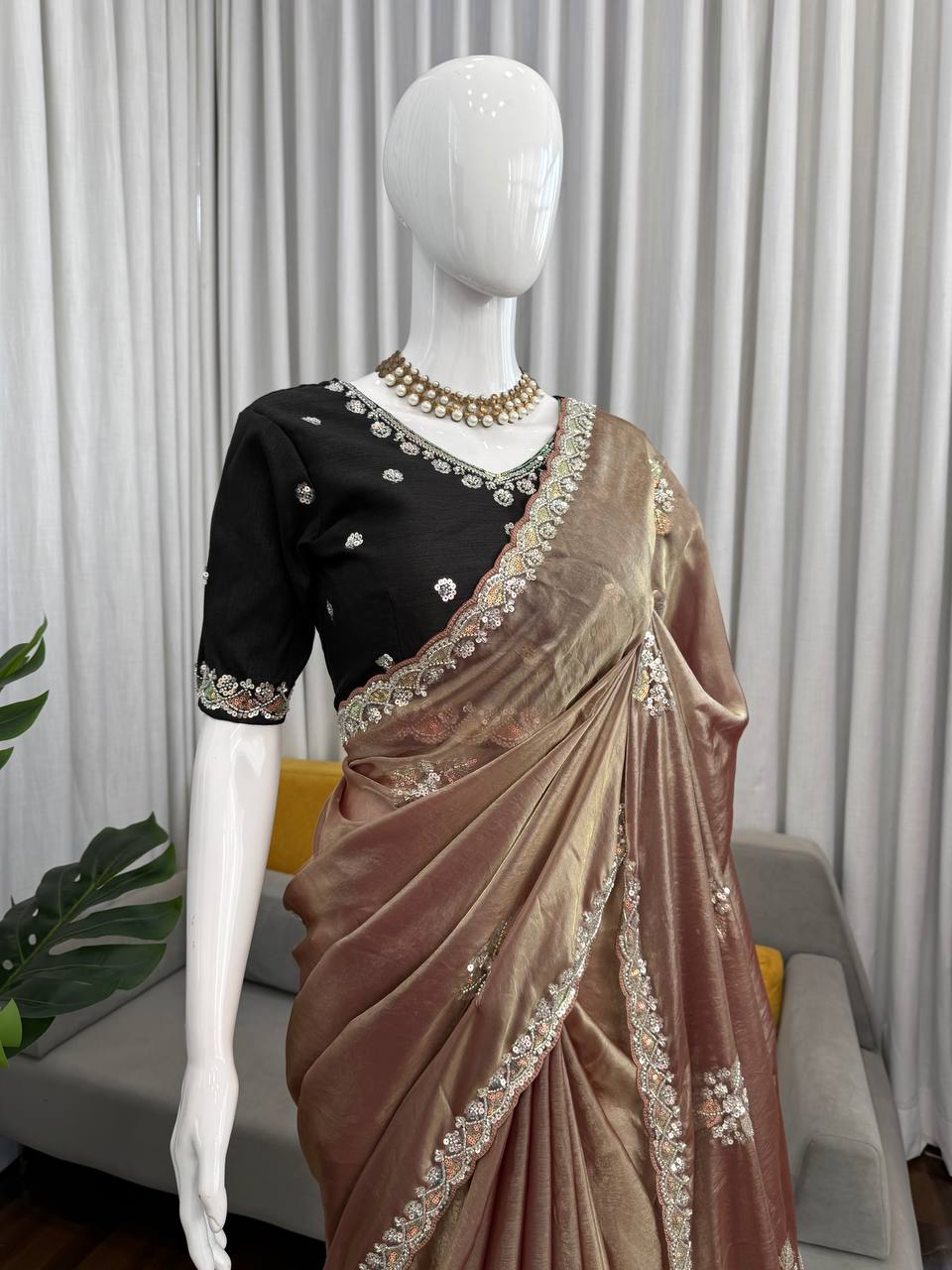 Fendy Silk Saree with Hand-Embroidery Beats  & Sequins Work | Designer Ethnic Wear