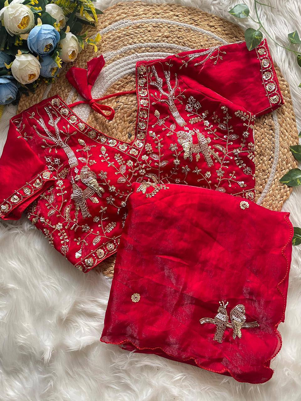 Handcrafted Khatli Work Satin Saree with Designer Stitched Blouse and Scalloped Border