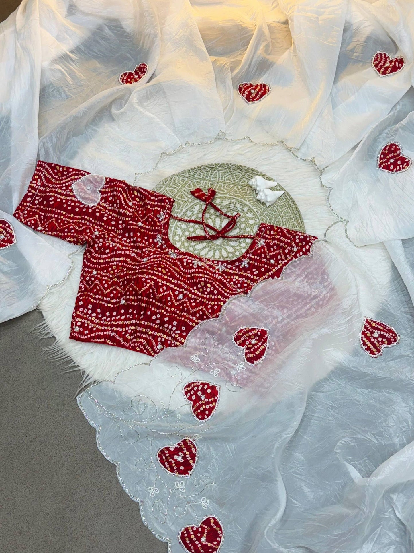 Two-Tone Gold Crush Silk Saree with Bandhej Handwork Cutdana Butta and Foil Print Stitched Blouse