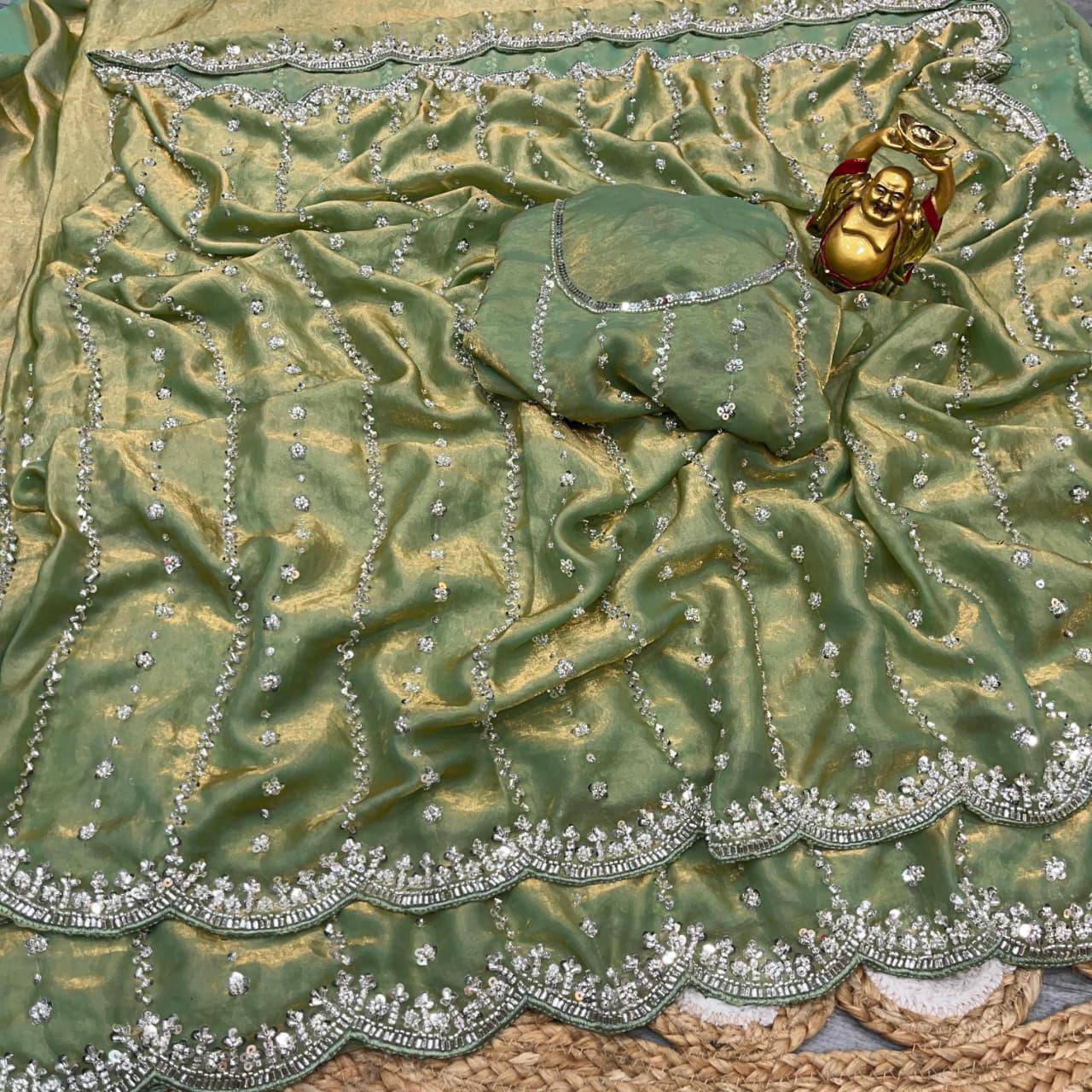 Pure Space Silk Party Wear Saree with Gold Beads, Sequins & Cutdana Handwork and Designer Work Blouse