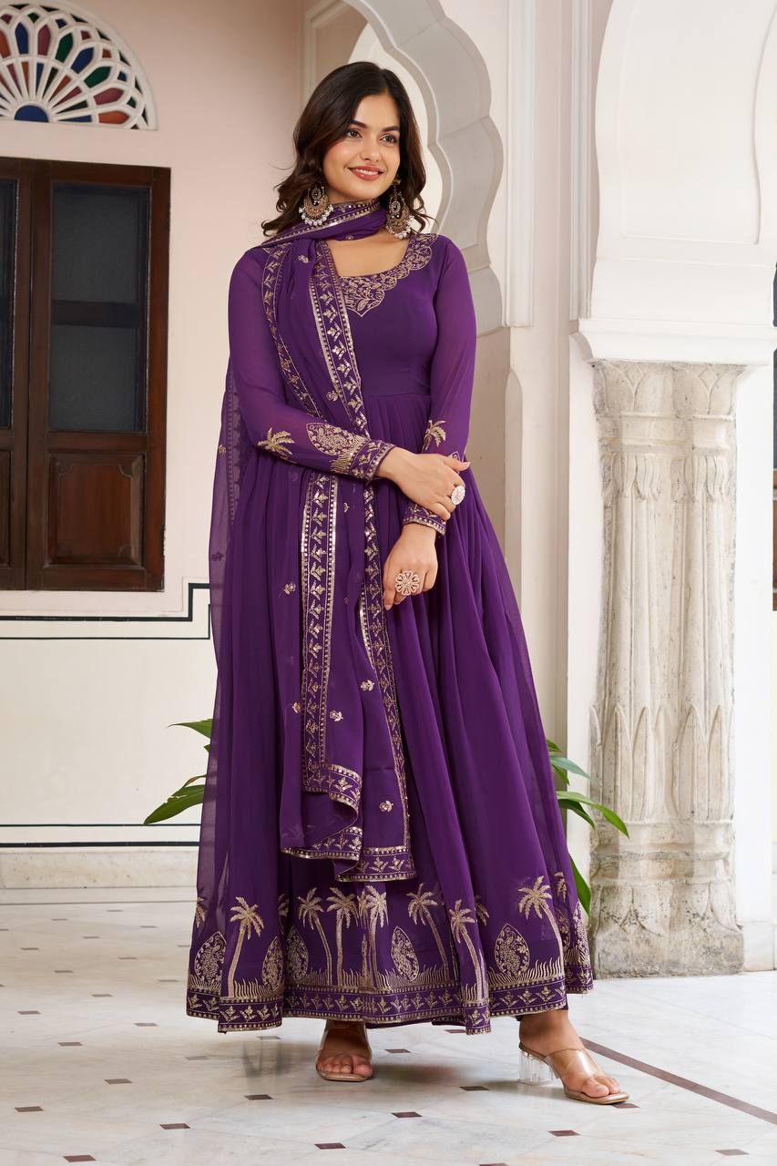 Faux Georgette Embroidered Gown Set with Sequence Work & Matching Pant