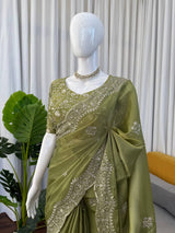 Elegant G-mee Satin Saree with Intricate Thread & Sequence Embroidery – Includes Unstitched Blouse Piece