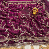 Designer Space Silk Party Wear Saree with Velvet Shine & Gold Cutdana Handwork