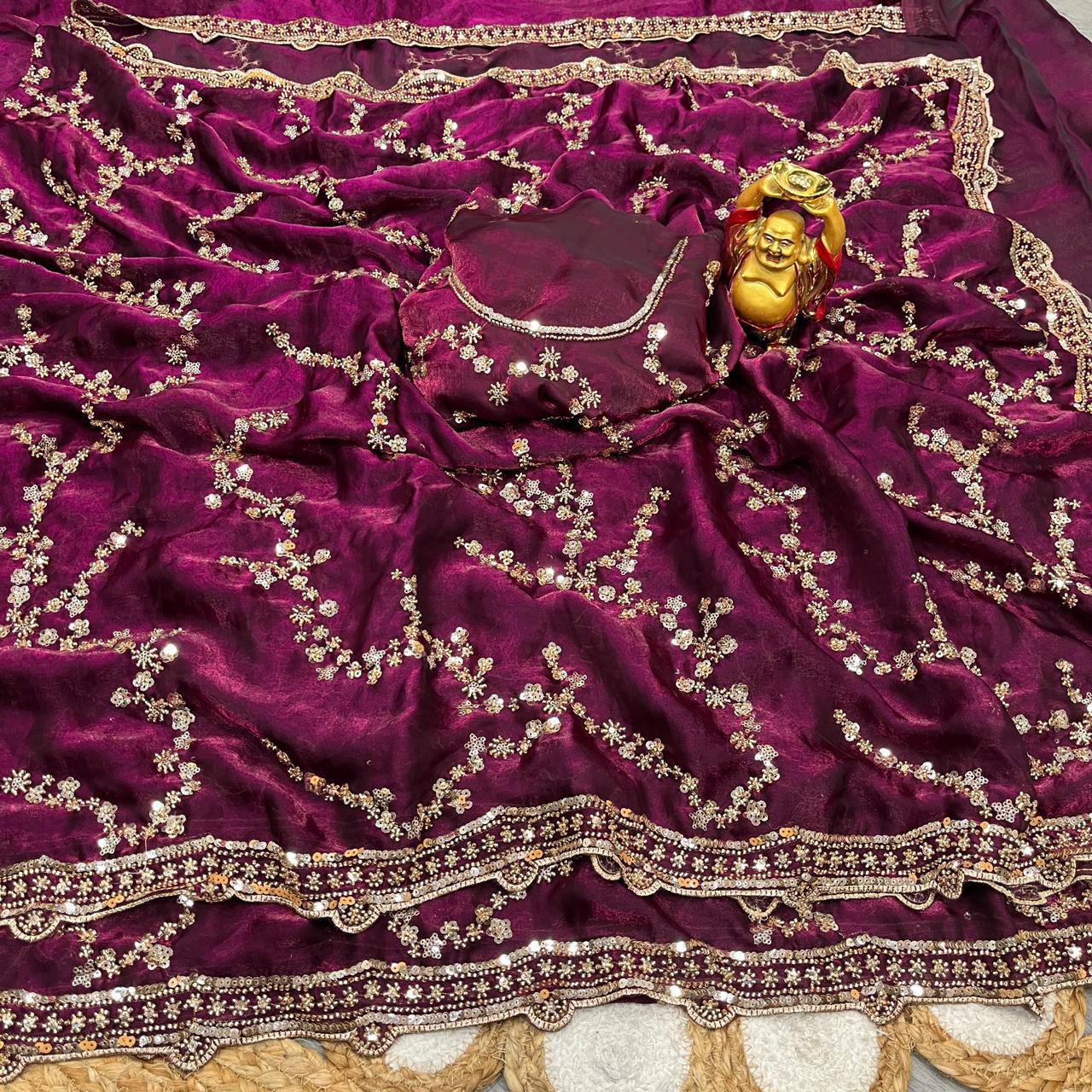 Designer Space Silk Party Wear Saree with Velvet Shine & Gold Cutdana Handwork
