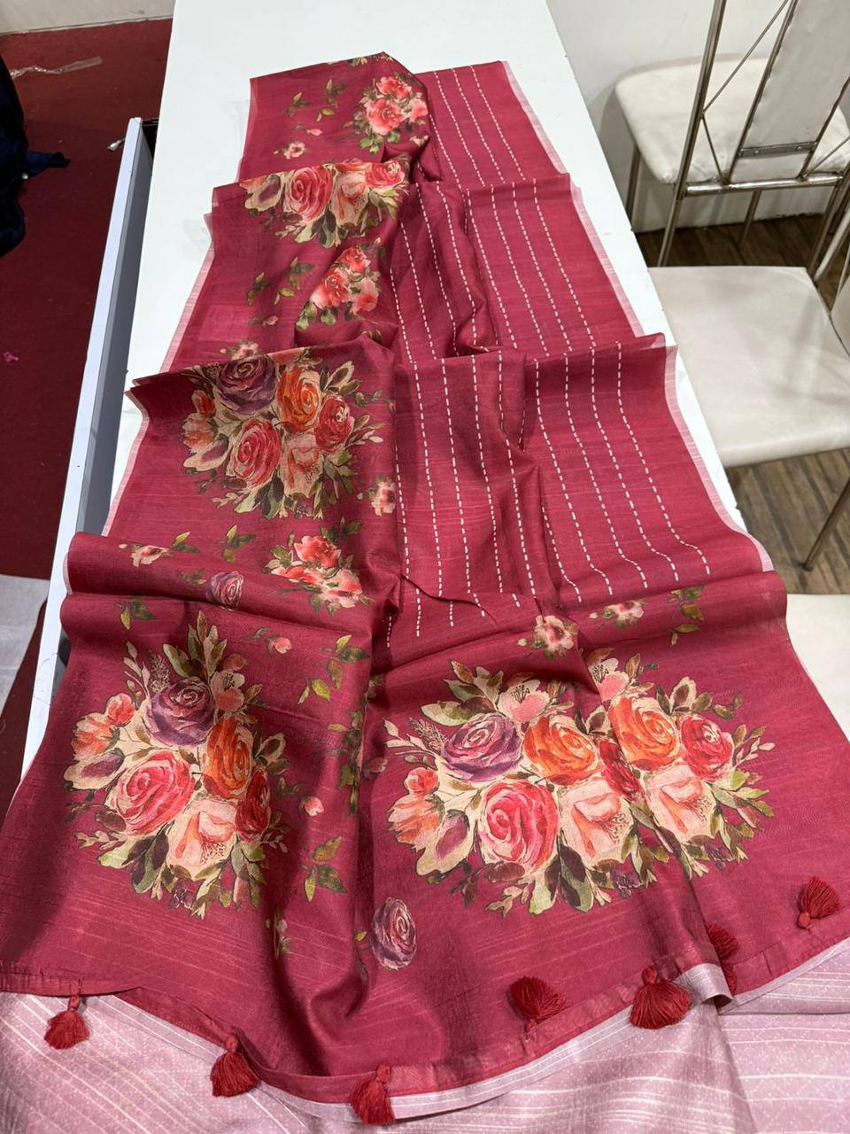 Digital Floral Print Semi Desi Tussar Silk Saree with Tassel Detail and Matching Blouse