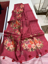 Digital Floral Print Semi Desi Tussar Silk Saree with Tassel Detail and Matching Blouse